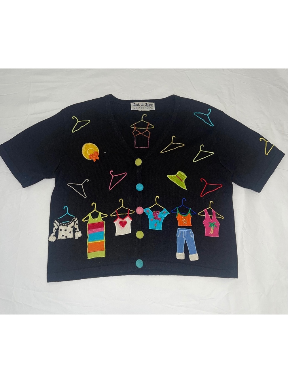 Jack B. Quick Black Cropped Cardigan with Colorful Clothing Applique and Multibg